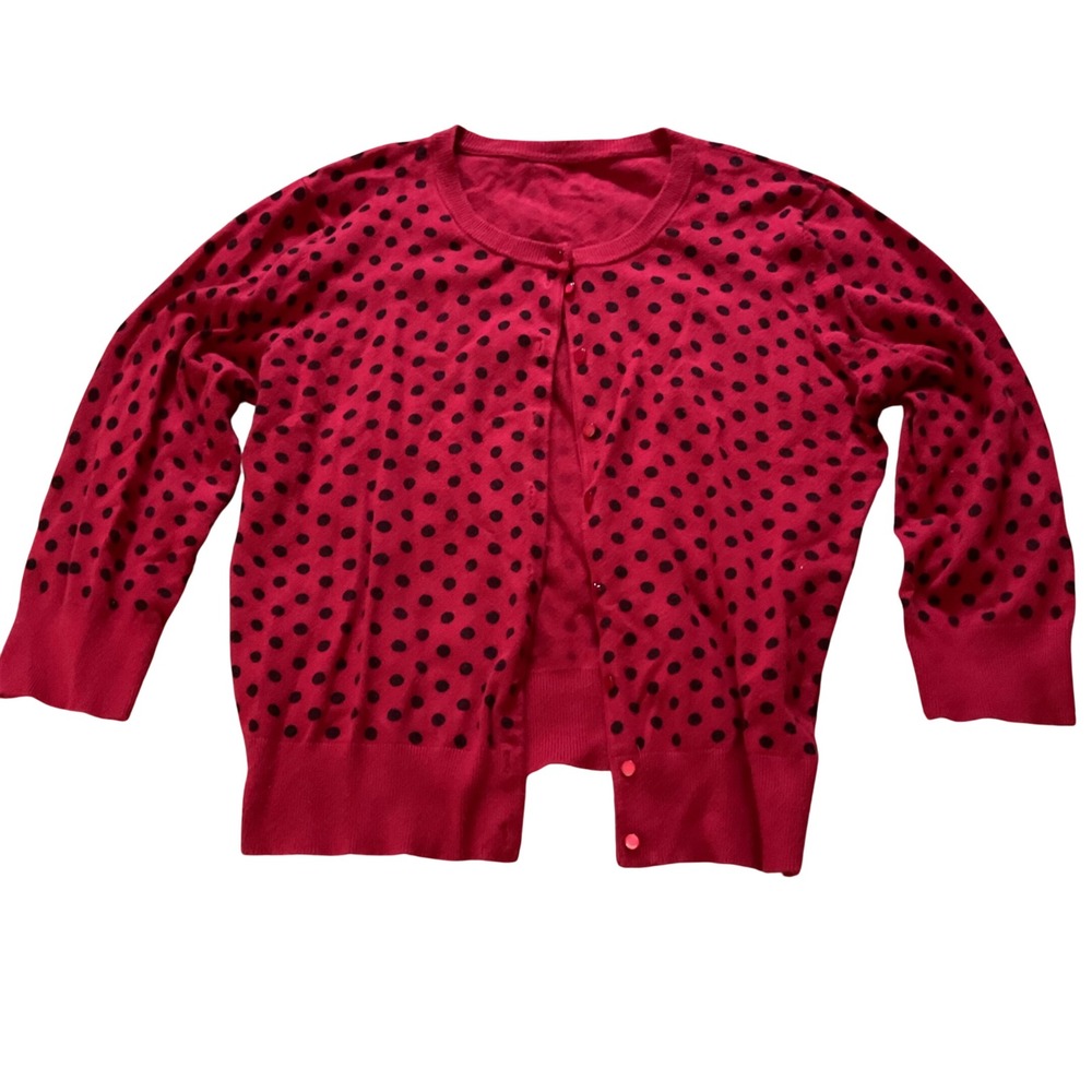 Red Polka Dot Button Front Cardigan Sweater 3/4 Sleeve Crew Neck